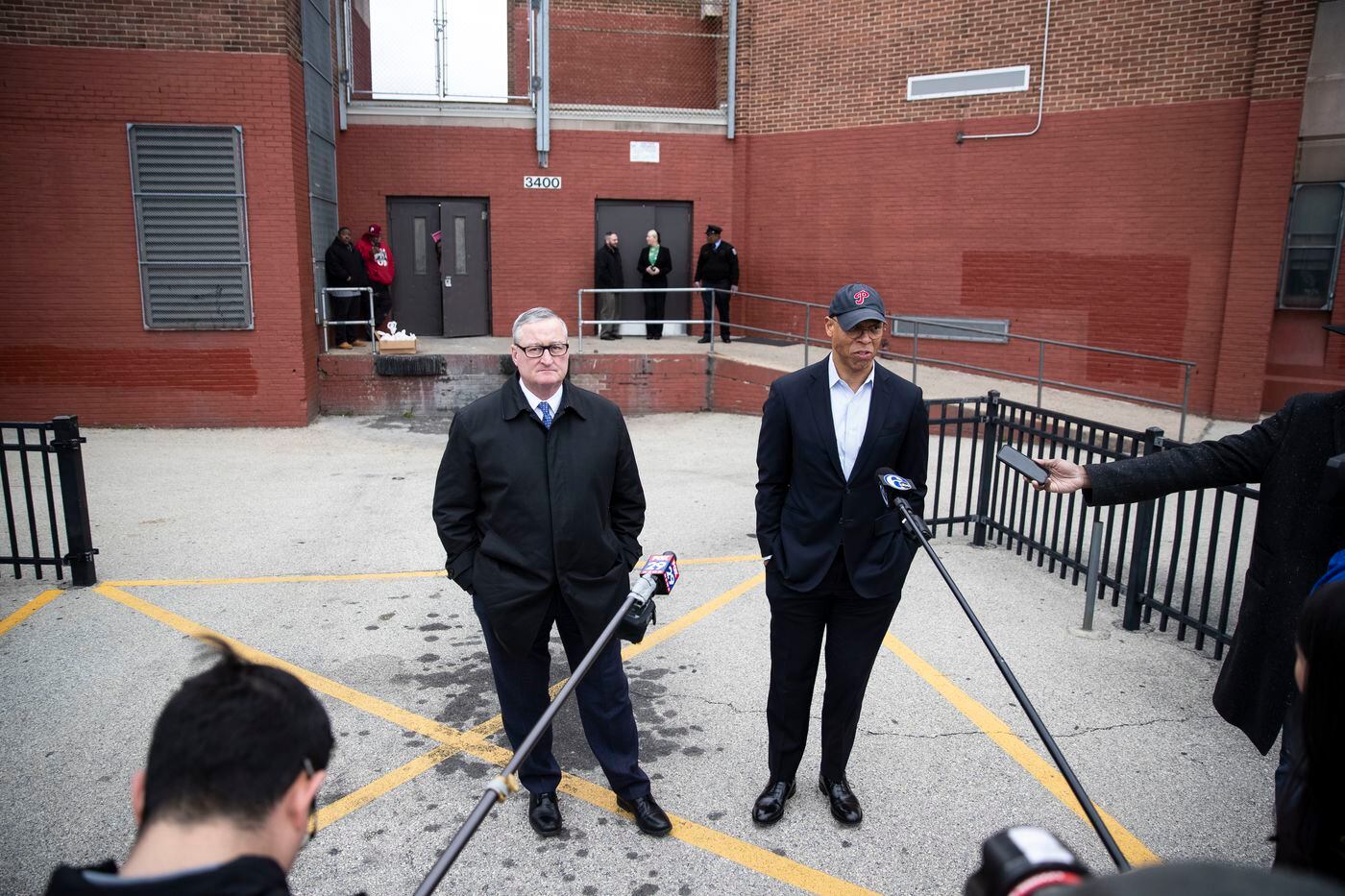 Mayor of Philadelphia Jim Kenney and Philadelphia School District Superintendent William R. Hite Jr. visited John H. Webster Elementary School while staff packed grab-and-go meals for distribution to students and families in Philadelphia, Pa. on Wednesday, March 25, 2020. The School District of Philadelphia will remain closed through at least April 6 to slow the spread of the coronavirus.