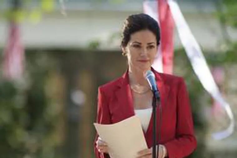 Roxborough&#0039;s Kim Delaney plays Claudia Joy Holden, the moral center of the series, addressing a Fourth of July picnic crowd in &quot;Army Wives.&quot;