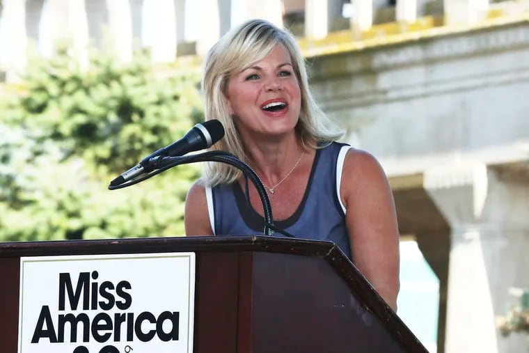 Miss America Organization Chairwoman Gretchen Carlson greets contestants at Kennedy Plaza during the annual Miss America arrival celebration, in Atlantic City.