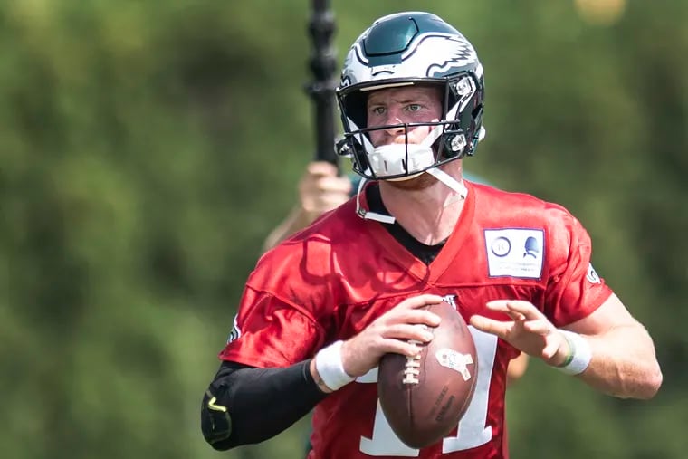 Carson Wentz practices during Eagles training camp at the NovaCare Complex in South Philadelphia.