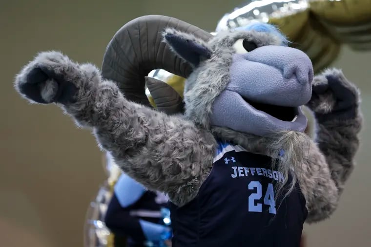 The newly redesigned mascot for Thomas Jefferson University, Phil the Ram, made his debut during a pep rally for the men's and women's basketball teams Tuesday at Jefferson's East Falls campus.