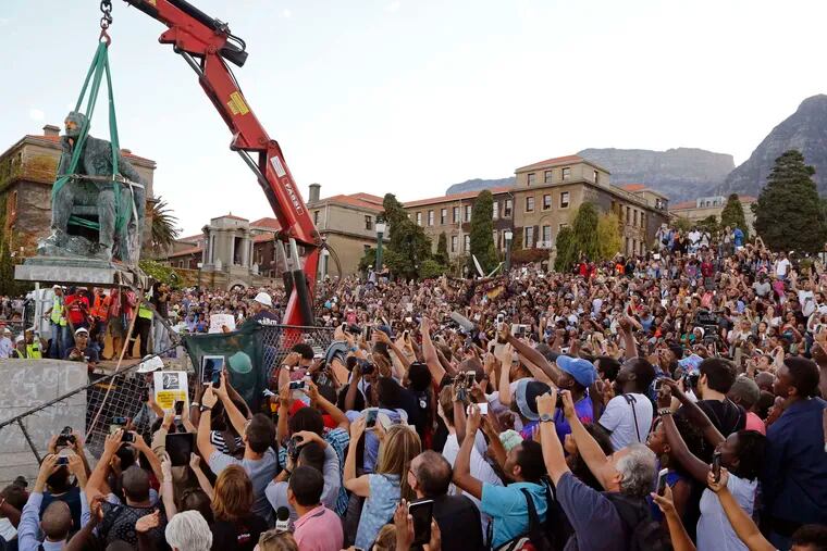 At Cape Town University in South Africa in 2015, a statue of 19th-century businessman and white supremacist Cecil Rhodes was removed from campus after student protests. A social media movement, #RhodesMustFall, brought similar protests to Oxford.