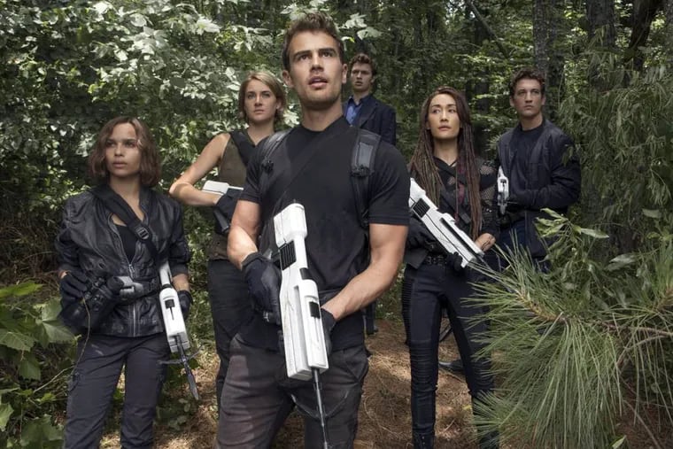 From left: Zoe Kravitz, Shailene Woodley, Theo James, Ansel Elgort, Maggie Q and Miles Teller in a scene from "The Divergent Series: Allegiant."