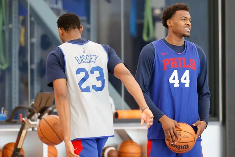 Sixers forward Paul Reed and center Charles Bassey during practice on Saturday. The Sixers play the Miami Heat in the second round of the Eastern Conference playoffs.