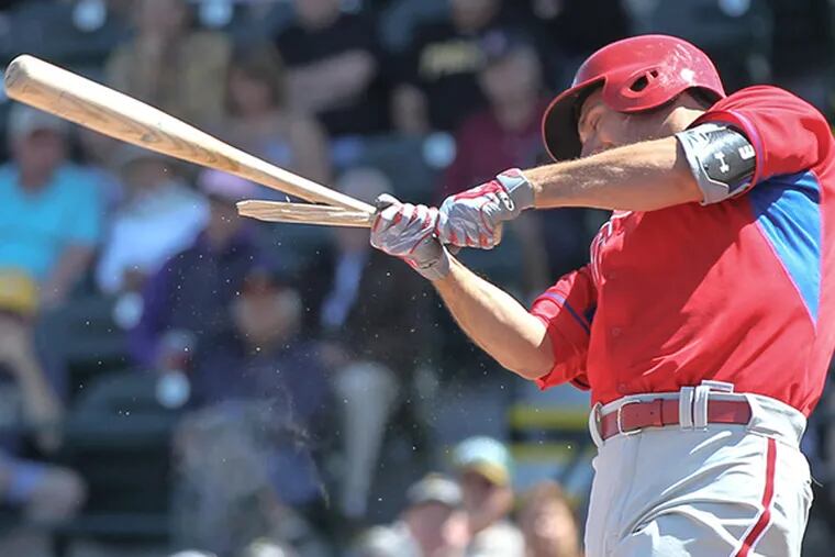 Phillies' Jeff Francoeur breaks his bat as he grounds out against the Pirates during the 6th inning at McKechnie Field in Bradenton Florida, Monday, March 30, 2015.  Phillies get beat by the Pirates 18-4.  (Steven M. Falk/Staff Photographer)