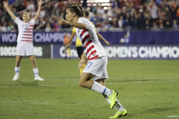 New Jersey native Tobin Heath celebrates scoring one of her two goals that helped the U.S. women's soccer team qualify for the 2019 FIFA Women's World Cup in France.
