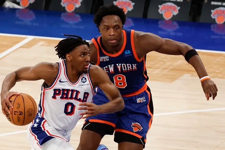 Sixers guard Tyrese Maxey dribbles the basketball against New York Knicks forward OG Anunoby during Game 5 of the first round NBA Eastern Conference playoffs at Madison Square Garden in New York on Tuesday, April 30, 2024.