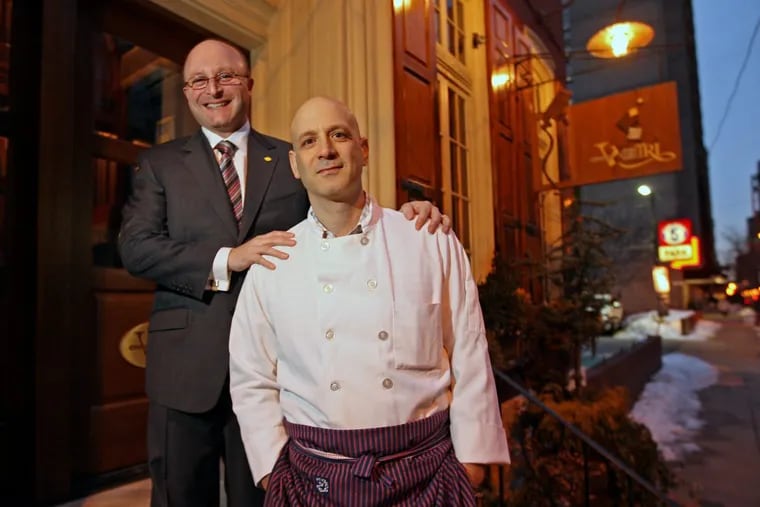 Jeff Benjamin (left) and  Marc Vetri on the front steps of Vetri Restaurant in 2011. Benjamin will remain a partner in this restaurant.