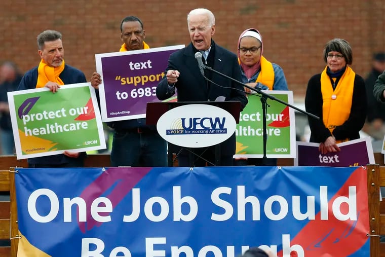 Former vice president Joe Biden speaks at a rally in support of striking Stop & Shop workers in Boston, Thursday, April 18, 2019. (AP Photo/Michael Dwyer)