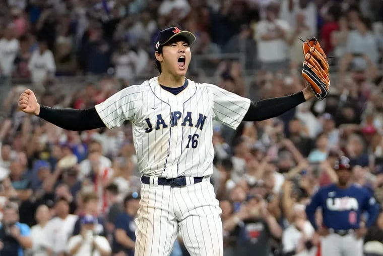 Shohei Ohtani of Team Japan reacts after the final out of the World Baseball Classic Championship defeating Team USA, 3-2.