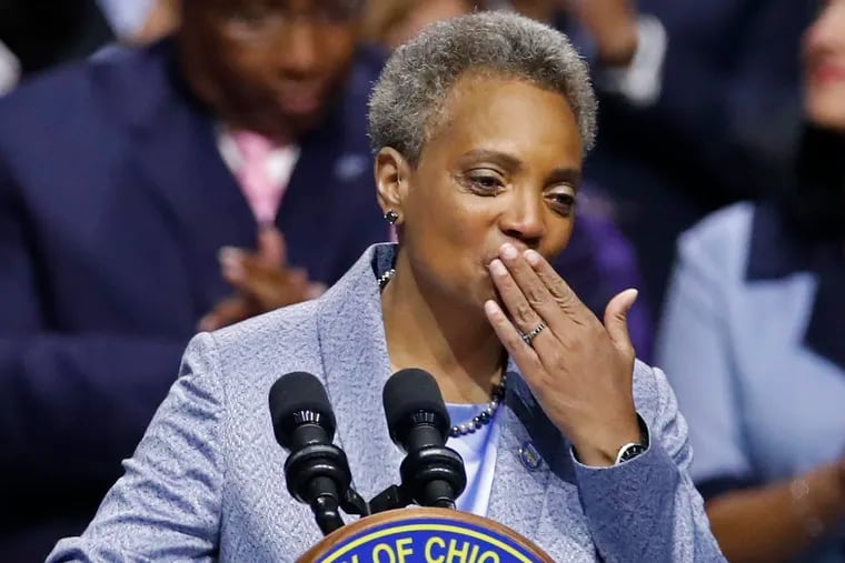 Chicago MayorLori Lightfoot blows a kiss to her mother during her inauguration ceremony Monday, May 20, 2019, in Chicago.