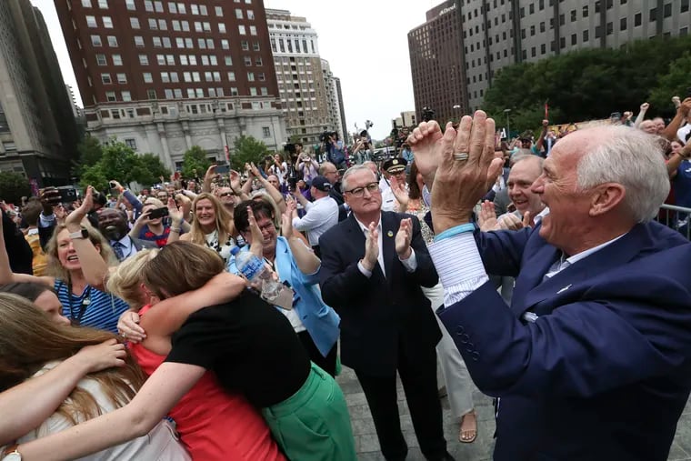 Philadelphia Mayor Jim Kenney and members of the Philadelphia sports dignitary cheer after learning Philadelphia was named a World Cup 2026 host city at LOVE Park in Center City on Thursday, June 16, 2022.