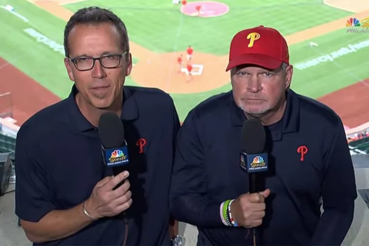 NBC Sports Philadelphia announcer John Kruk (right) along Scott Franzke, who filled in for Tom McCarthy this weekend.