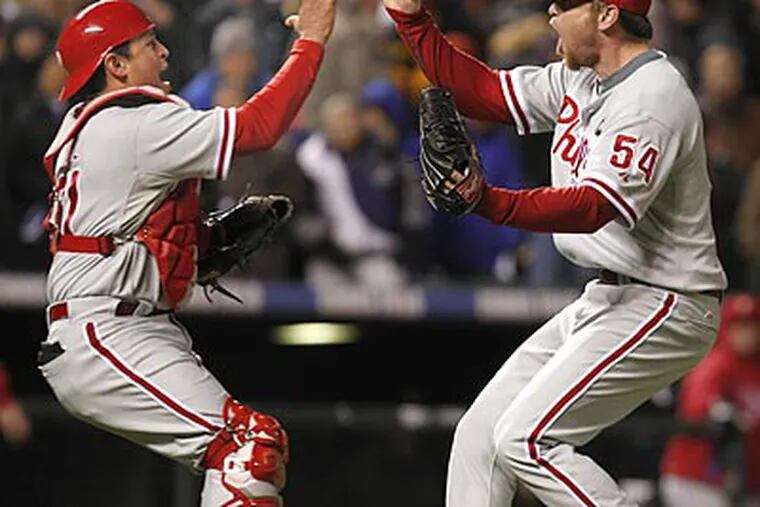 Brad Lidge closed out the Phillies' NLDS-clinching win over Colorado with a one-out save. It was Lidge's second save in as many days. (Ron Cortes/Staff Photographer)