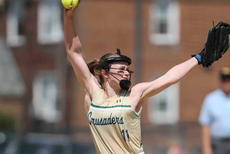 Lansdale Catholic's Megan Burns throws against   Archbishop Ryan during the 1st inning of the Catholic League Softball  Championship at LaSalle College, Friday May 25, 2018  Archbishop Ryan betas Lansdale Catholic 1-0 for the Catholic League Championship. STEVEN M. FALK / Staff Photographer