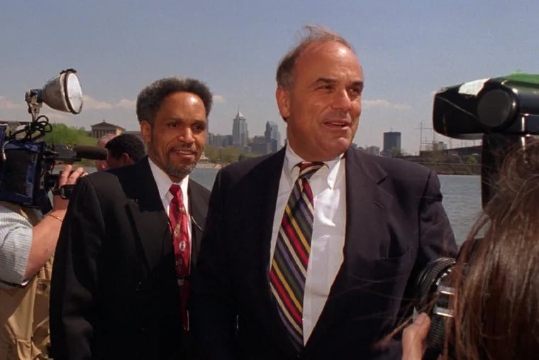John F. Street (left), then president of City Council, and Ed Rendell, then mayor, at a news conference on Boathouse Row in April 1994.
