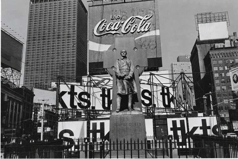 Lee Friedlander's photograph, "Father Duffy, Times Square, New York" (1976) at Haverford College's Atrium Gallery.