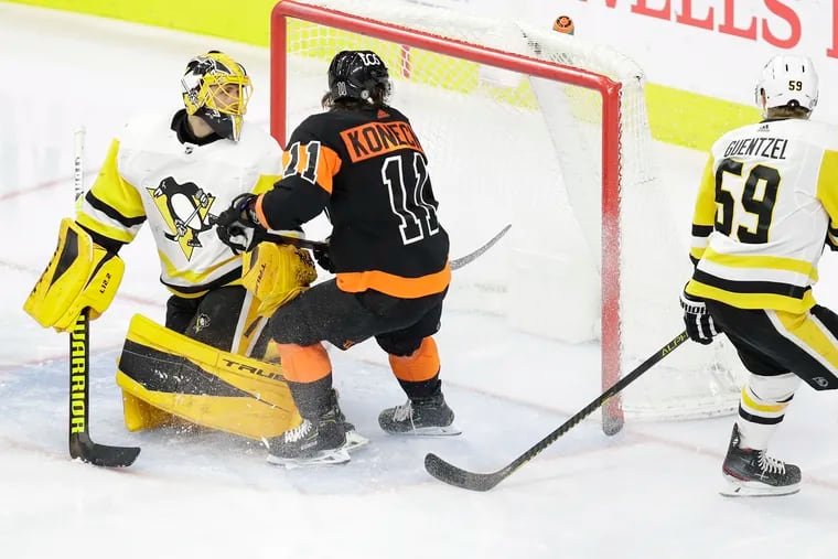 Travis Konecny was moved to the top line on Monday, alongside Sean Couturier and Claude Giroux, and was a menace for most of the first two periods. He had two assists and seven shots on goal.