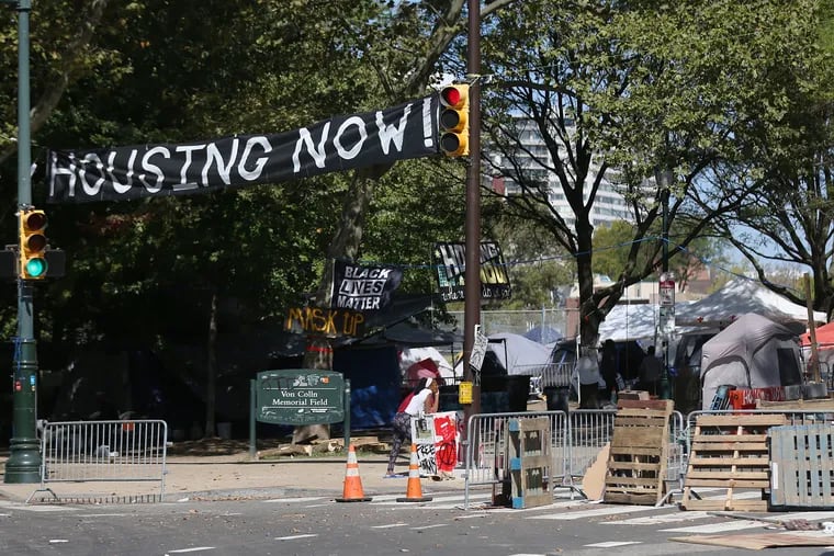 The homeless encampment on the Benjamin Franklin Parkway in Philadelphia is pictured on Wednesday, Sept. 23.