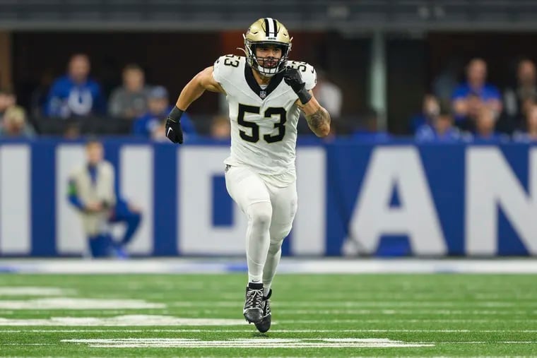 New Orleans Saints linebacker Zack Baun (53) sprints down the field during an NFL football game against the Indianapolis Colts, Sunday, Oct. 29, 2023, in Indianapolis. (AP Photo/Zach Bolinger)