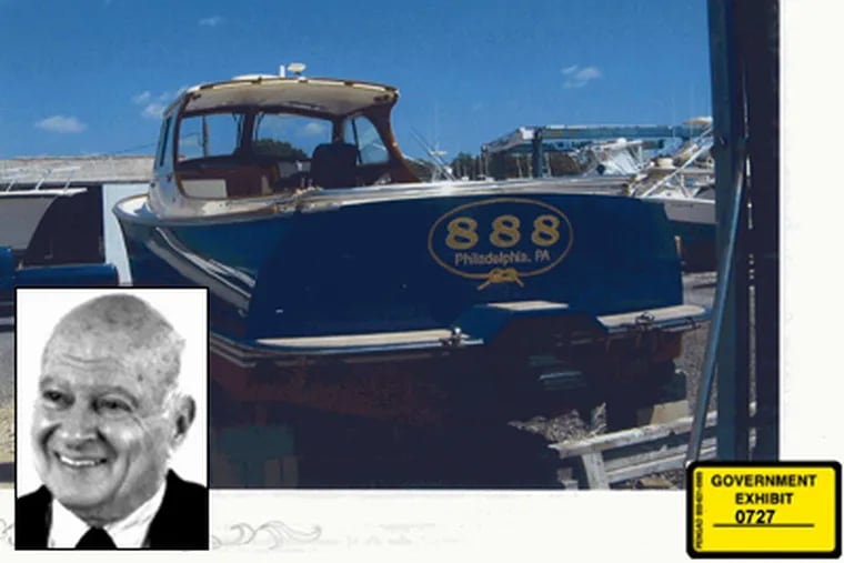 Multimillionaire Stephen Marcus (inset photo) allegedly gave former State Sen. Vincent J. Fumo a $1 million gift and this $500,000 power boat. The boat photo was presented as evidence by prosecutors.