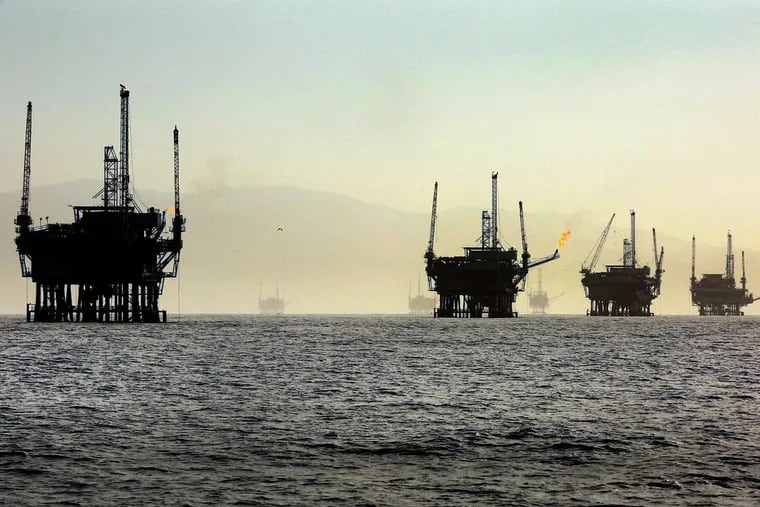 A line of off-shore oil rigs off the California coast in 2015.