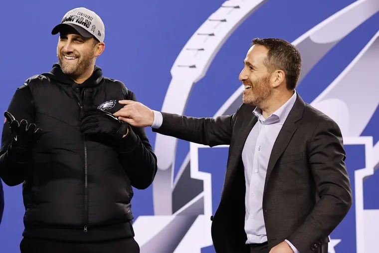 Eagles Head Coach Nick Sirianni and Executive Vice President/General Manager Howie Roseman during the NFC Championship ceremony after the Eagles beat the San Francisco 49ers at Lincoln Financial Field on Sunday, January 29, 2023 in Philadelphia.