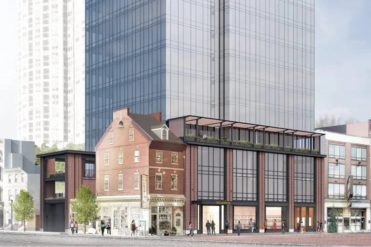 Artist's rendering of bottom section of Toll Bros.'s proposed Jewelers Row condo tower, as seen from corner of Seventh and Sansom Streets.