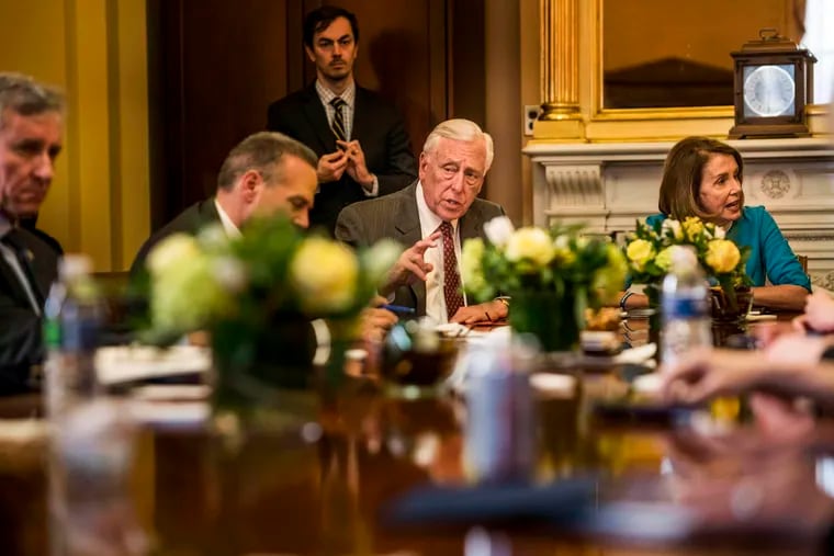 House Majority Leader Steny Hoyer, center, and Speaker of the House Nancy Pelosi meet with other Democratic leaders in Pelosi's office on Monday, Feb. 25, 2019. Hoyer's proposal for a Congressional pay raise has stalled.