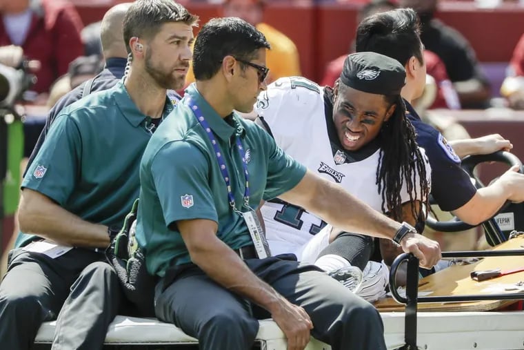 Eagles cornerback Ronald Darby gets carted off the field after injuring his leg during the second-quarter against the Washington Redskins back in Week 1 on Sept. 10.