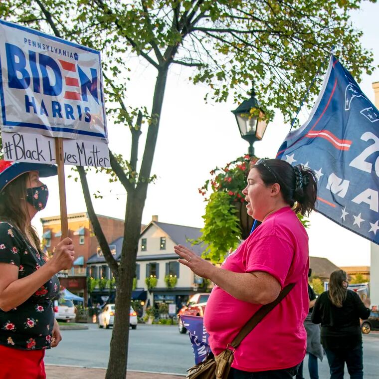 Supporters of Donald Trump and Joe Biden gathered in downtown Gettysburg on Oct. 6, 2020, when Biden made a visit to the area. Both candidates are returning to Pennsylvania frequently ahead of their likely November rematch.