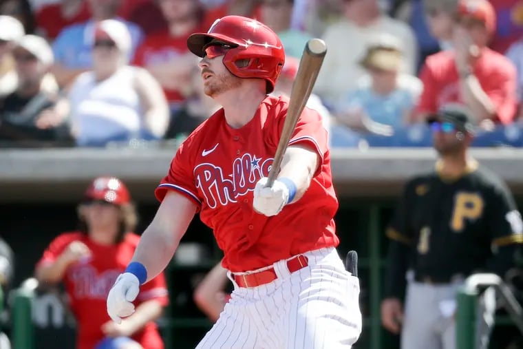 The Phillies' Kyle Garlick bats against the Pittsburgh Pirates in a spring training game at Spectrum Field in Clearwater, Fla. on Feb. 23.