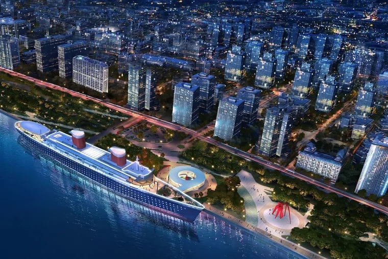 Artist's rendering of SS United States moored on an urban waterfront after renovation by developer RXR Realty into hotel-and-museum complex. RXR will look for a big coastal city interested in hosting the vessel in a permanent location.