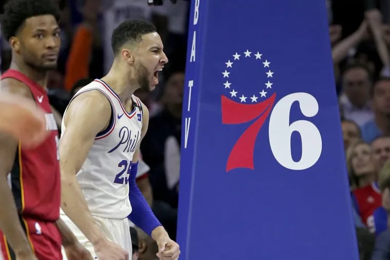 Sixers guard Ben Simmons reacts to his dunk during the first half of the Sixers-Heat Game 5 playoff matchup on Tuesday.
