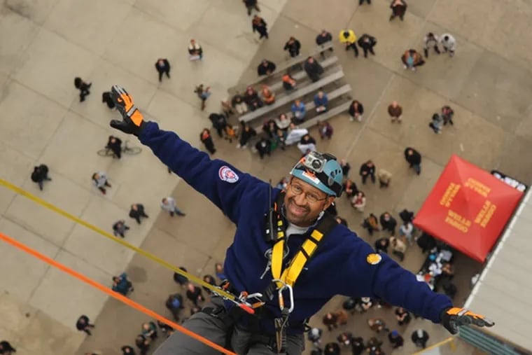 Mayor Michael Nutter rappels down the face of the 31-story One Logan Square skyscraper at last year's "BUILDING ADVENTURE."