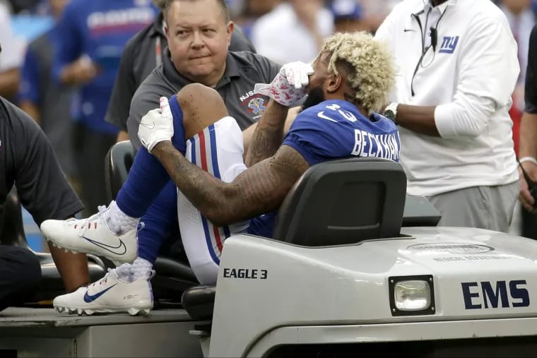 Check out the name of the cart which carried off Odell Beckham with a season-ending broken ankle last Sunday. (AP Photo/Seth Wenig)
