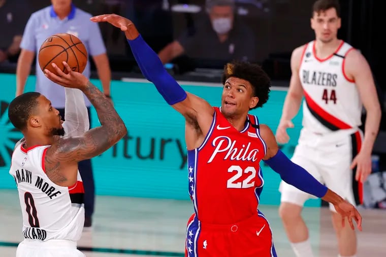 Sixers' Matisse Thybulle defends against Portland Trail Blazers' Damian Lillard in the third quarter of Sunday's game.
