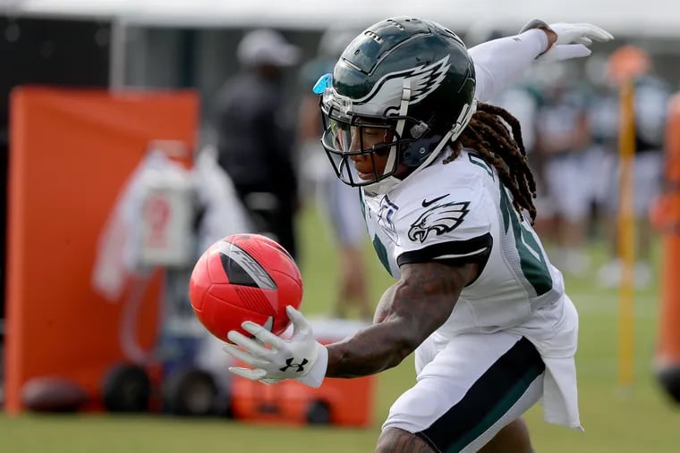 Eagles' Ronald Darby bats a ball from going into the endzone during a drill at the Philadelphia Eagles training camp at the NovaCare complex in Philadelphia, PA on July 31, 2018. DAVID MAIALETTI / Staff Photographer