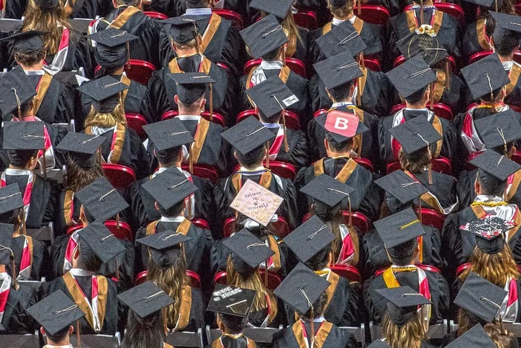 Graduates gatherer during Temple University graduation ceremony at The Liacouras Center in Philadelphia, Pa.  Thursday, May 9, 2019.