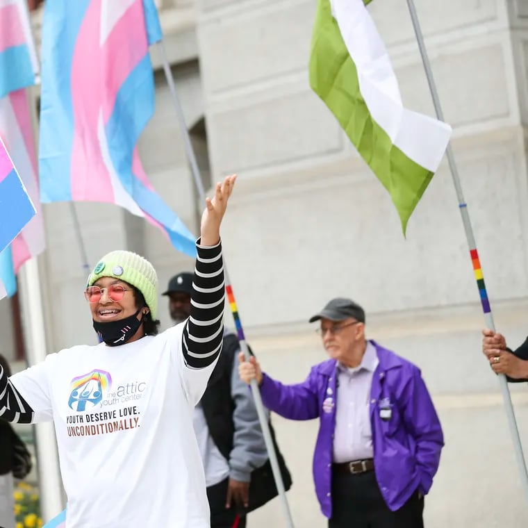 Alex Brunson speaks during a rally for trans lives at City Hall in Philadelphia on Friday, March 31, 2023. March 31 is the annual Trans Day of Visibility.