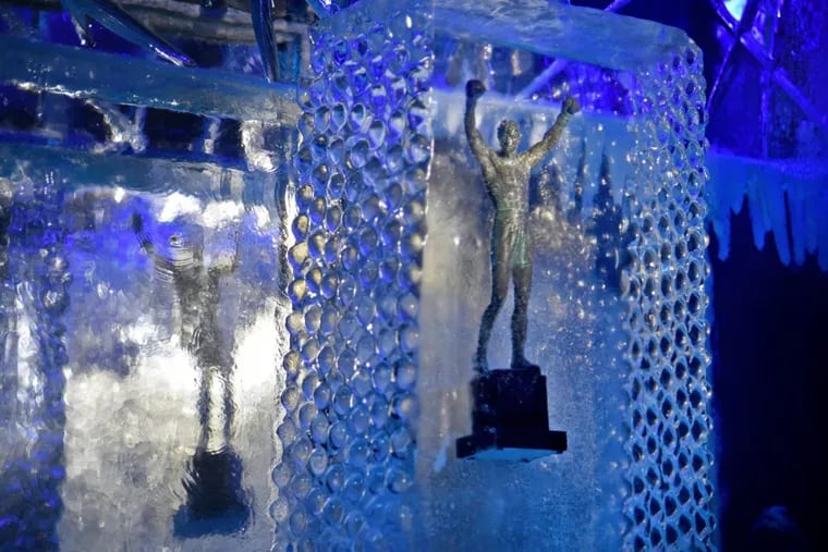 A Rocky statue is encased in ice, at the ice room at Clubhouse.
