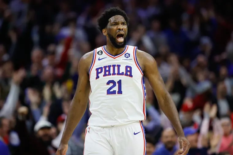 Sixers center Joel Embiid yells against the Denver Nuggets in January.