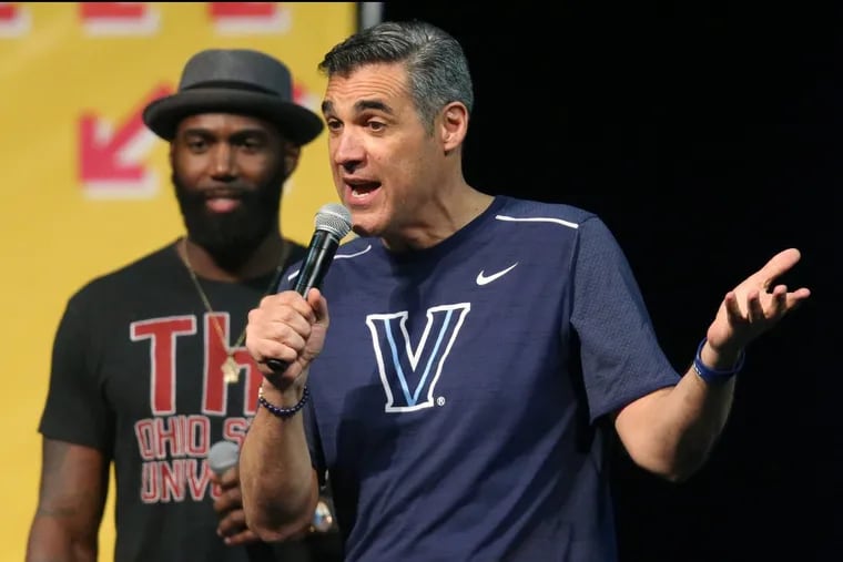 Villanova men's basketball coach Jay Wright speaks during the national college signing day.