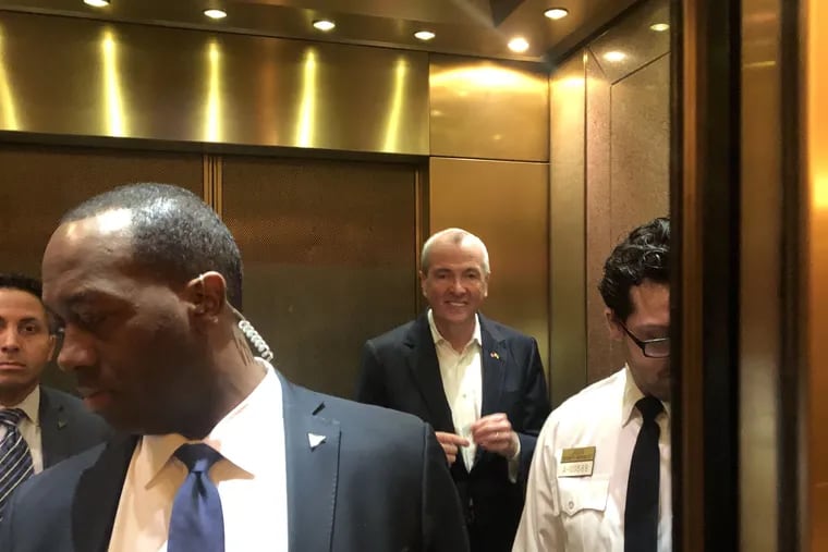 Gov. Phil Murphy leaves the Atlantic City Tropicana Casino and Hotel after announcing that NJ Transit service from A.C. to Philadelphia will resume May 12, two weeks earlier than previously announced.