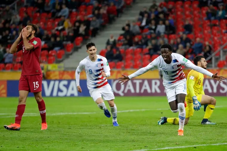 Tim Weah celebrates after scoring for the United States against Qatar in the Under-20 World Cup.