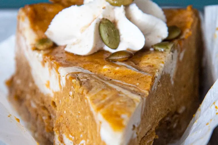 A pumpkin vanilla swirl cheesecake gluten free  is shown at Crust Vegan Bakery in Philadelphia, Pa.