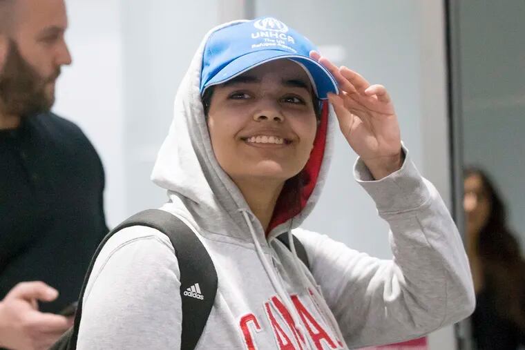 Rahaf Mohammed Alqunun, 18, arrives at Toronto Pearson International Airport, on Saturday, Jan.12, 2019.  The Saudi teen fled her family while visiting Kuwait and flew to Bangkok, where she barricaded herself in an airport hotel and launched a Twitter campaign that drew global attention to her case. Prime Minister Justin Trudeau announced his government would accept her as a refugee.  (Chris Young/The Canadian Press via AP)