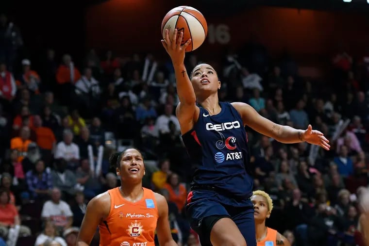The Washington Mystics' Natasha Cloud, a Delco native, drives to the basket during a WNBA Finals game in October 2019.