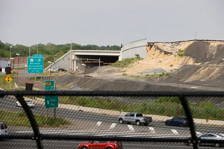 The embankment where the retaining wall collapsed in n March 2021 is still visible at the roadway in Bellmawr that will be southbound I-295 when the $1.1 billion highway project is finished.