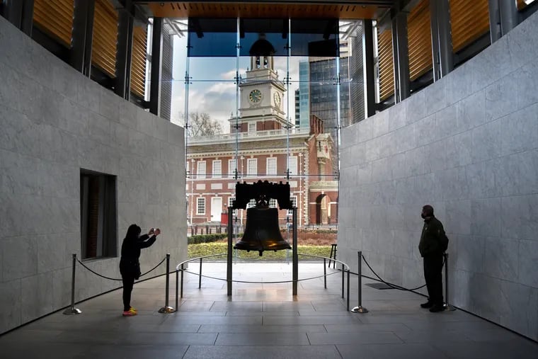 The Liberty Bell in its pavilion across the street from Independence Hall in Philadelphia.